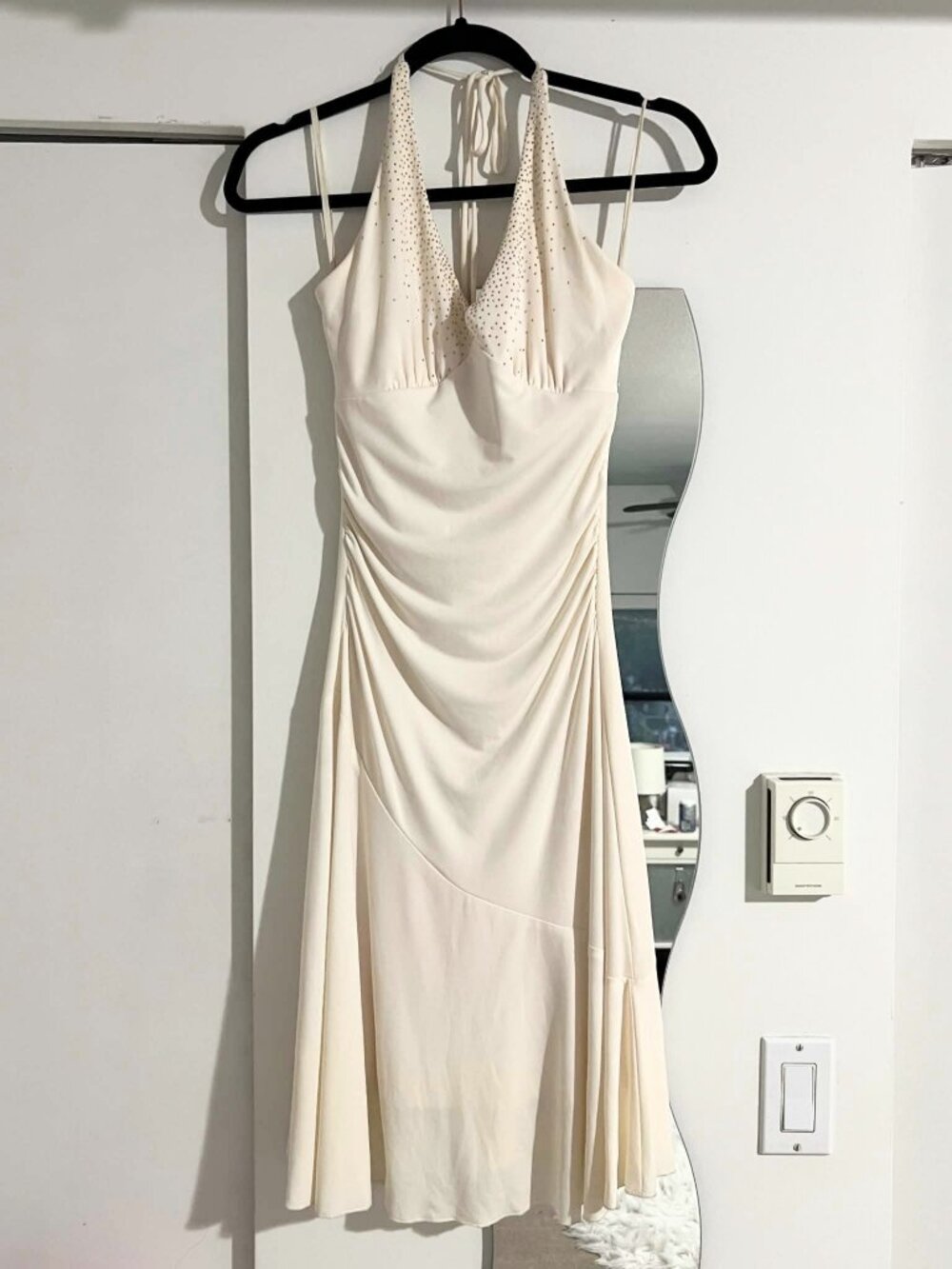 Vintage, Y2K ivory halter dress with gold embellishment, small